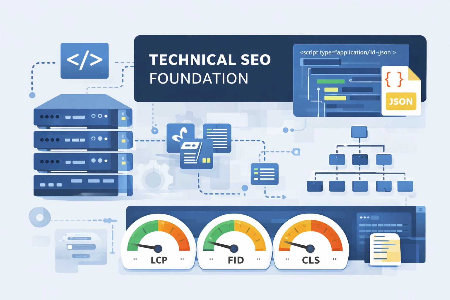Technical SEO foundations graphic (Core Web Vitals, schema, architecture) — Simon Leung