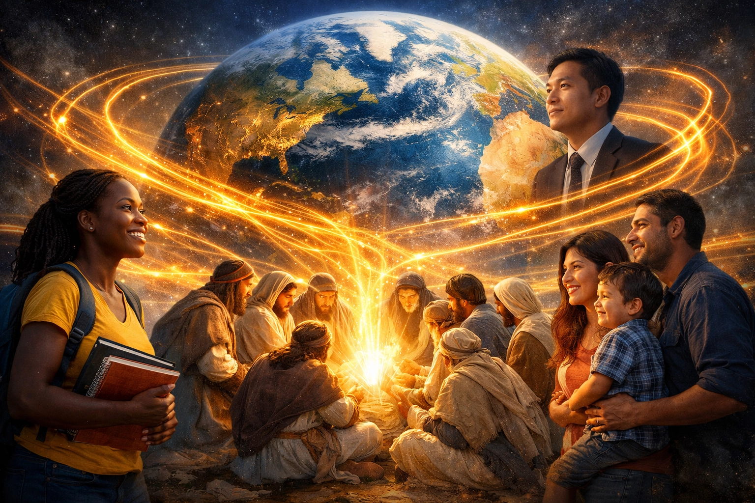 Diverse people from across the globe gathered together, representing the rapid spread of historical Christianity.