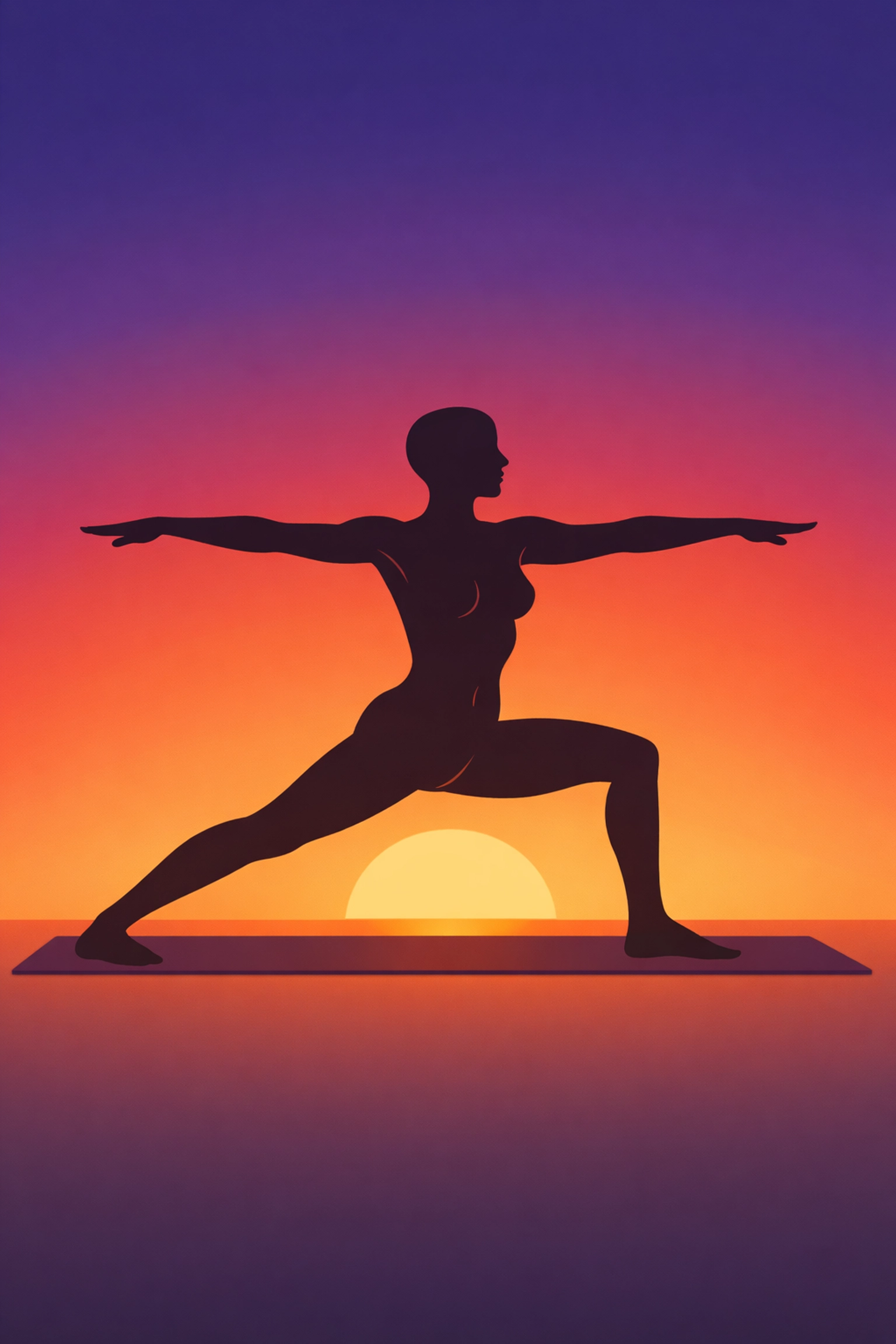 Naked yoga warrior pose silhouette at sunrise