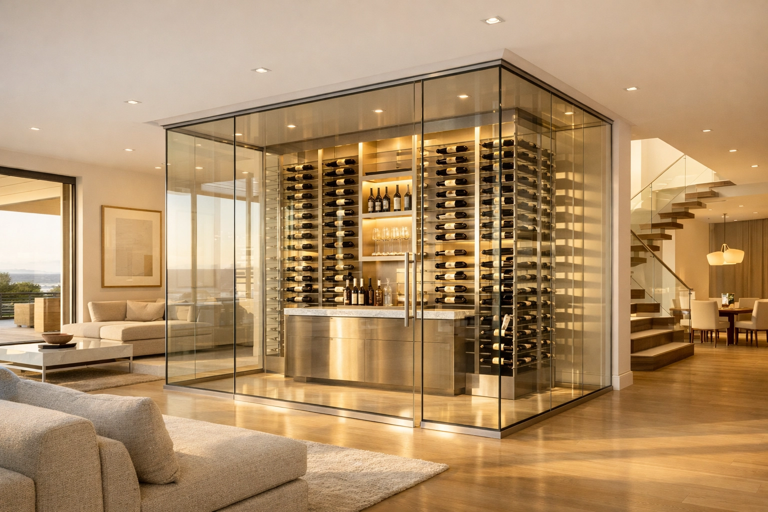 High-tech custom wine room in a West Hartford luxury home with premium glass and wood finishes.
