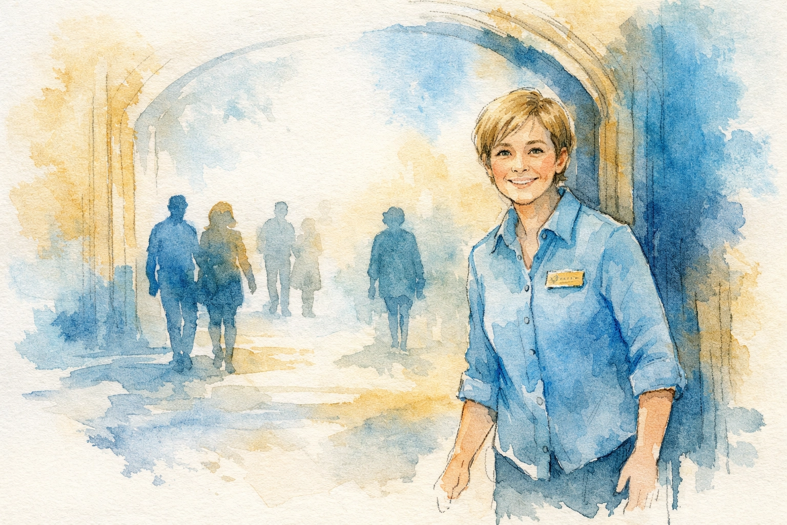 Welcoming church greeter with open body language at church entrance