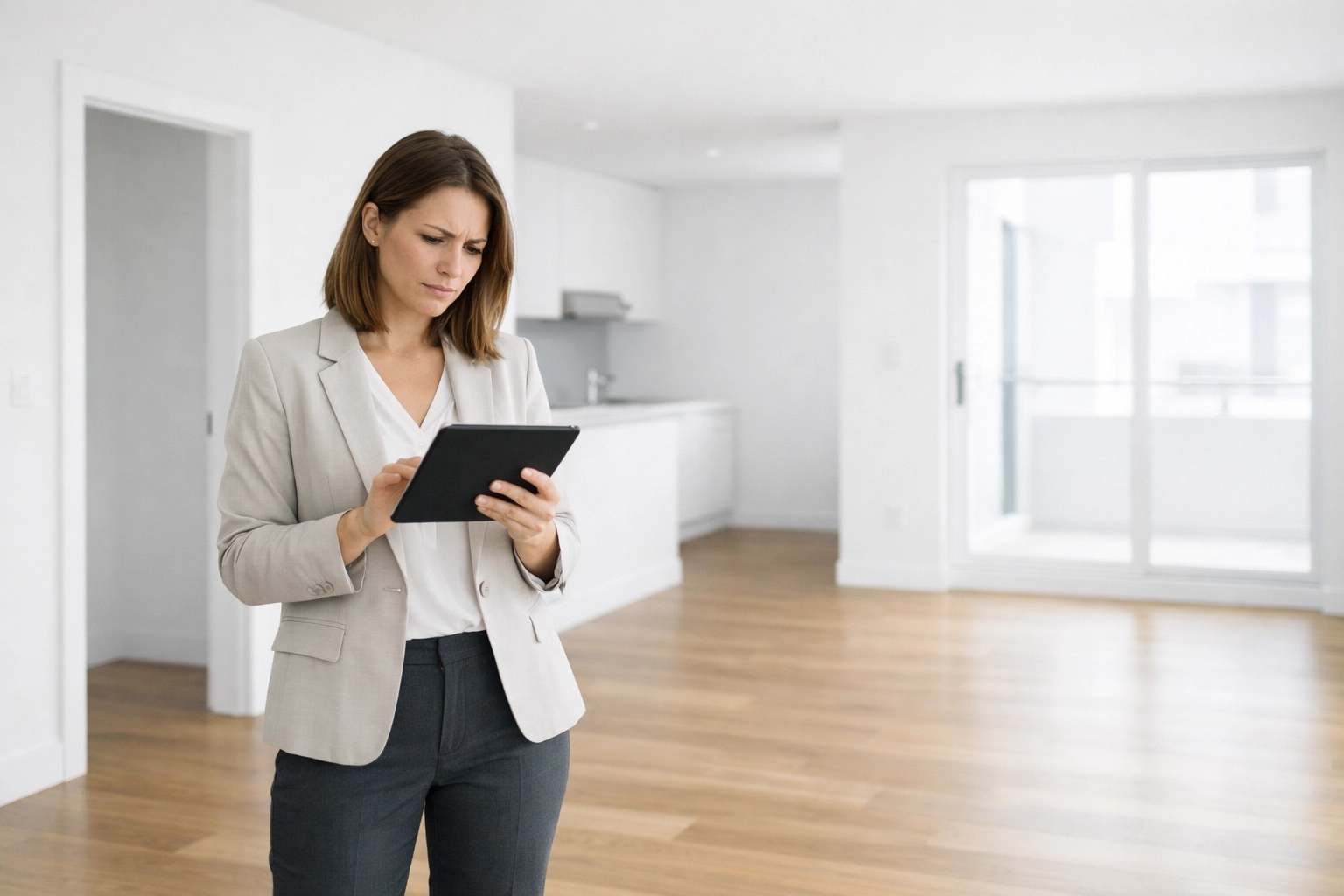 Property manager reviewing vacant apartment unit costs on tablet