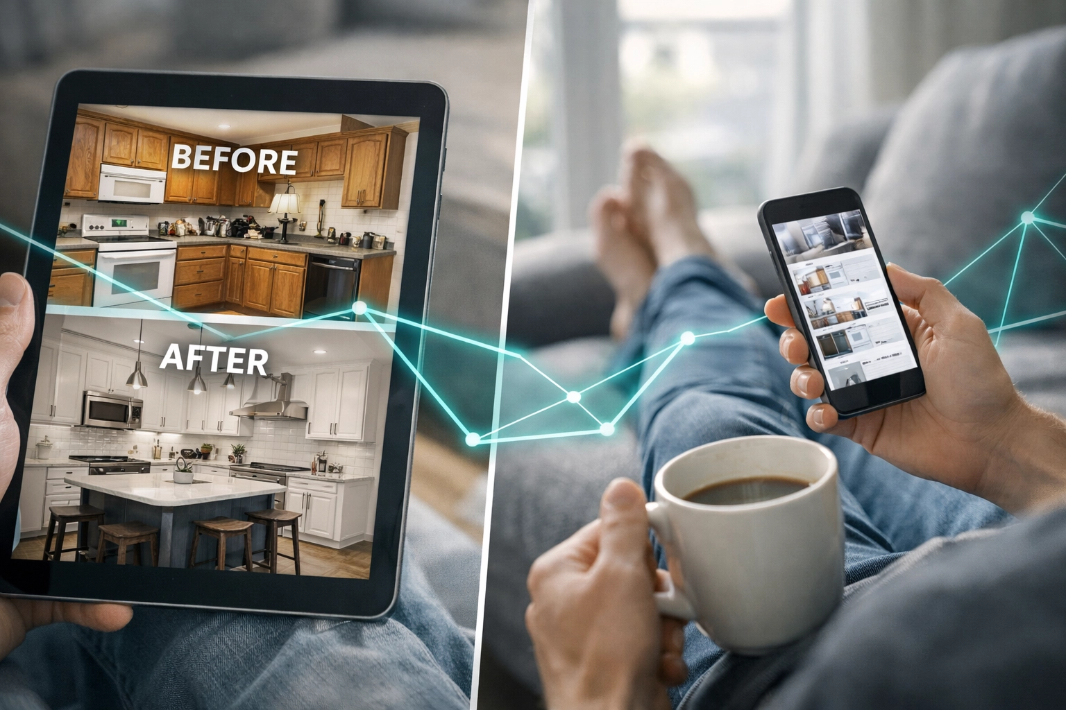 Kitchen renovation photos displayed on tablet for Meta Ads contractor marketing campaign