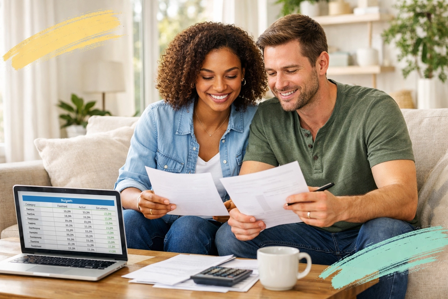 Couple reviewing home buying budget and finances in living room