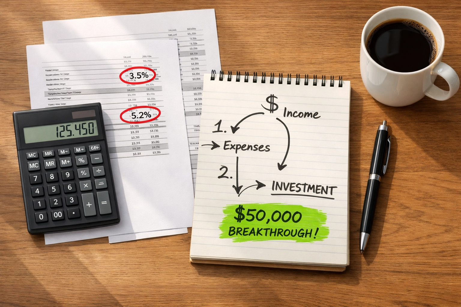 Financial planning desk with calculator, statements, and cash flow strategy notes