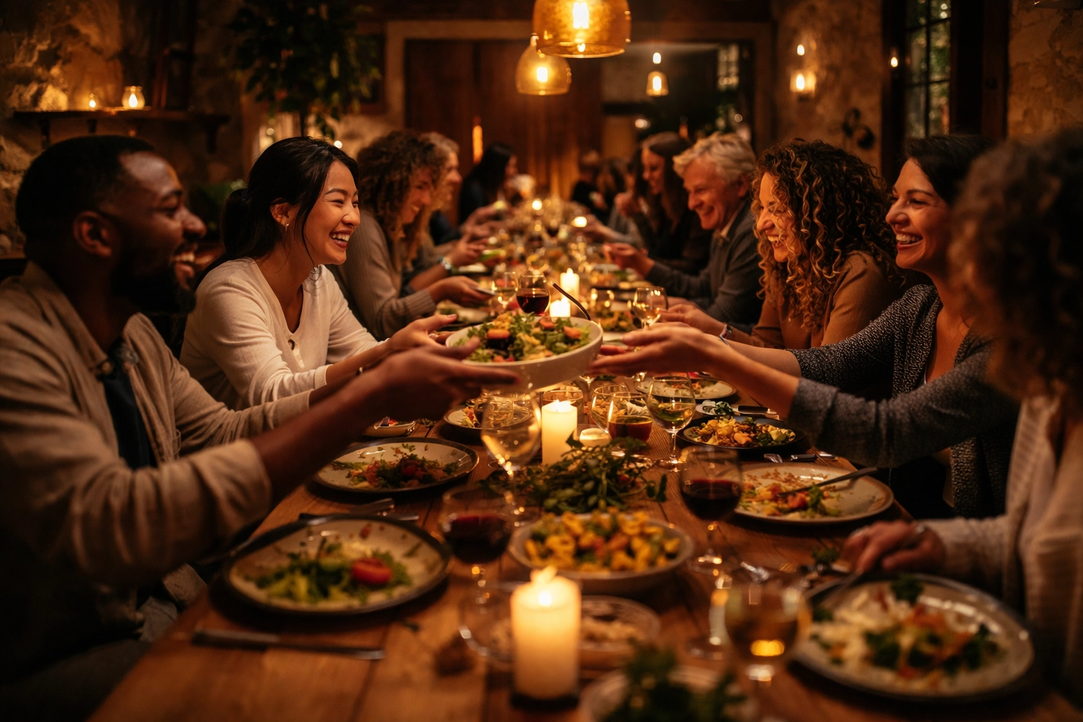 Guests sharing a family-style meal at an intimate supper club, enjoying conversation and connection