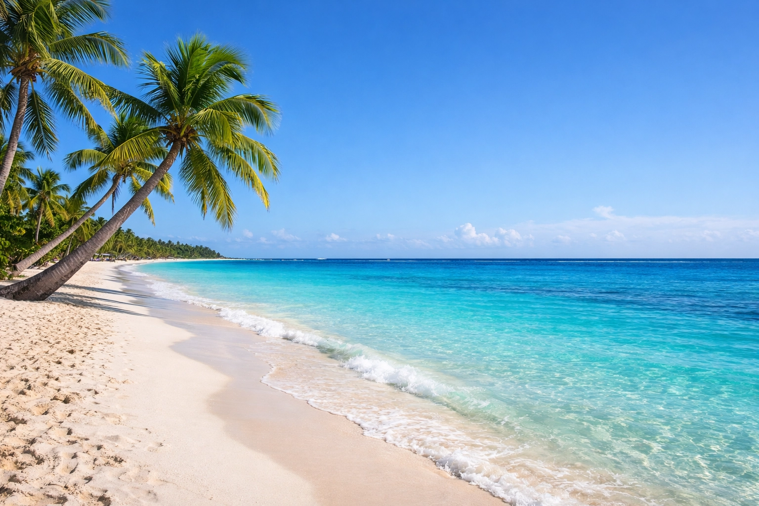 Pristine white sand and turquoise Caribbean waters at Playa Bávaro in Punta Cana for an April tropical escape.