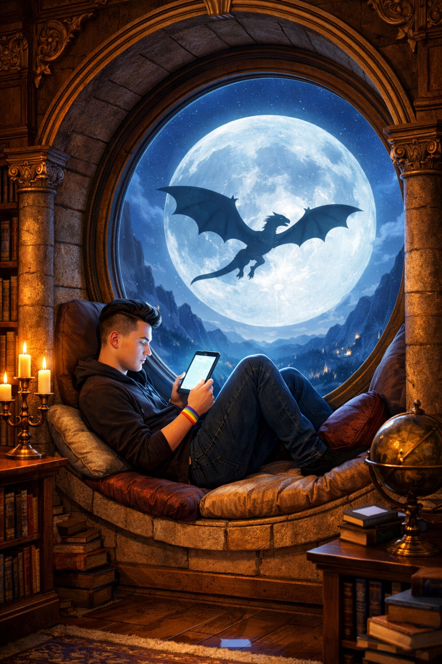 A young man reading an MM romance ebook in a magical royal library while a dragon flies past a full moon.