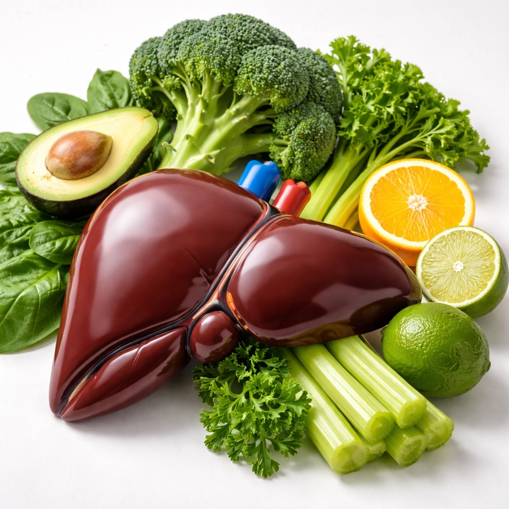 Liver model with fresh vegetables and citrus fruits illustrating natural detox pathways and liver health