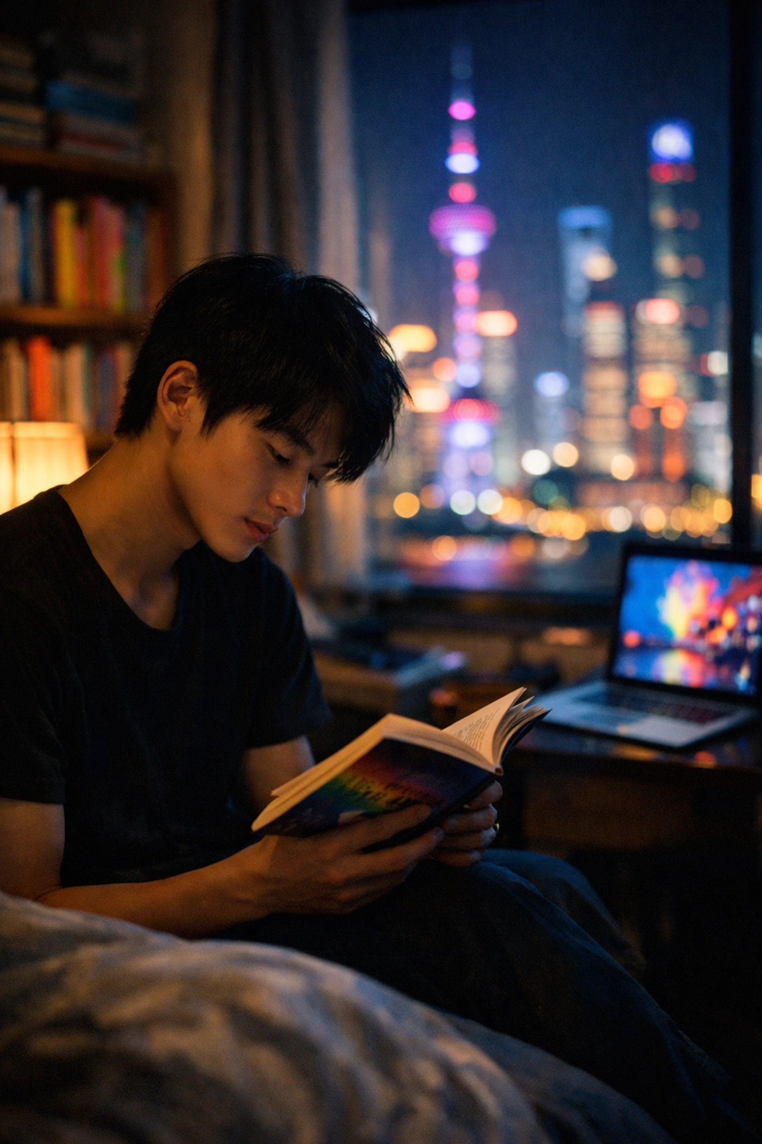 Young gay man reading LGBTQ+ romance books in Shanghai apartment