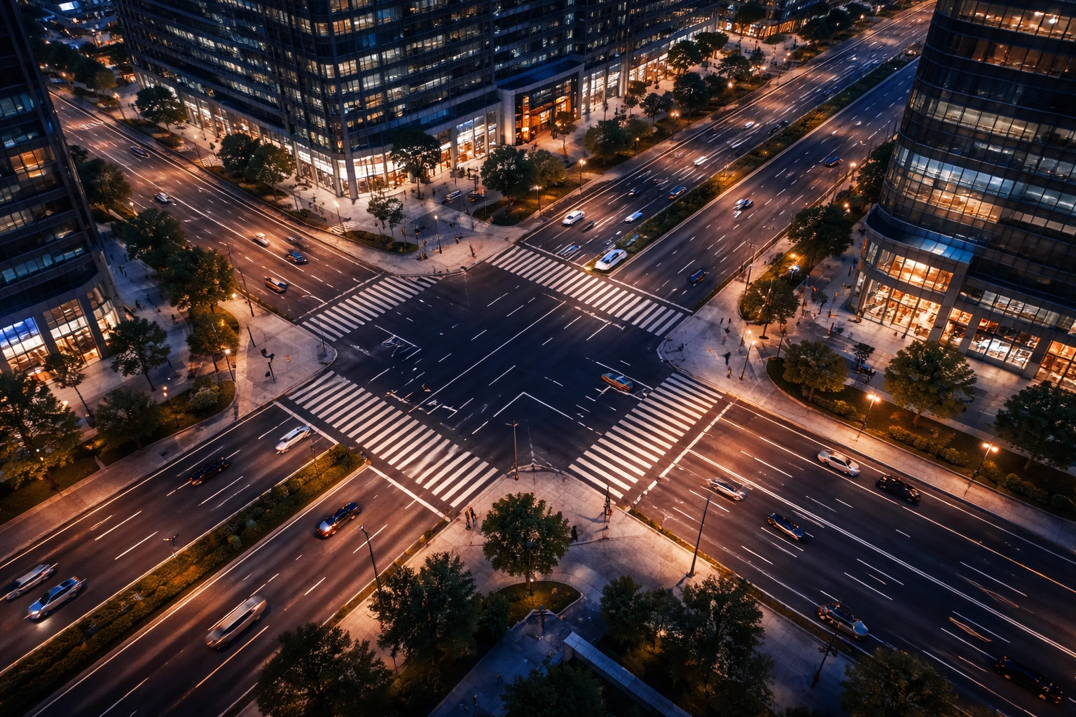 Aerial view of a smart city intersection at night with intelligent lighting and digital signage in urban planning