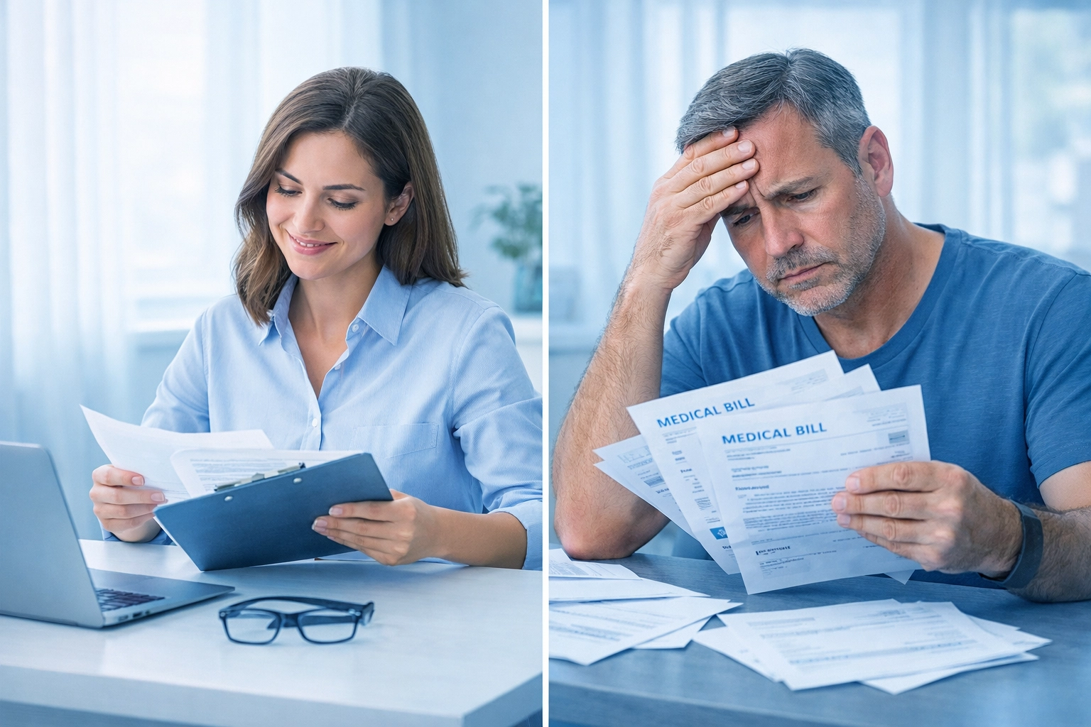 Woman reviewing health insurance vs man stressed with medical bills showing PPO EPO cost differences