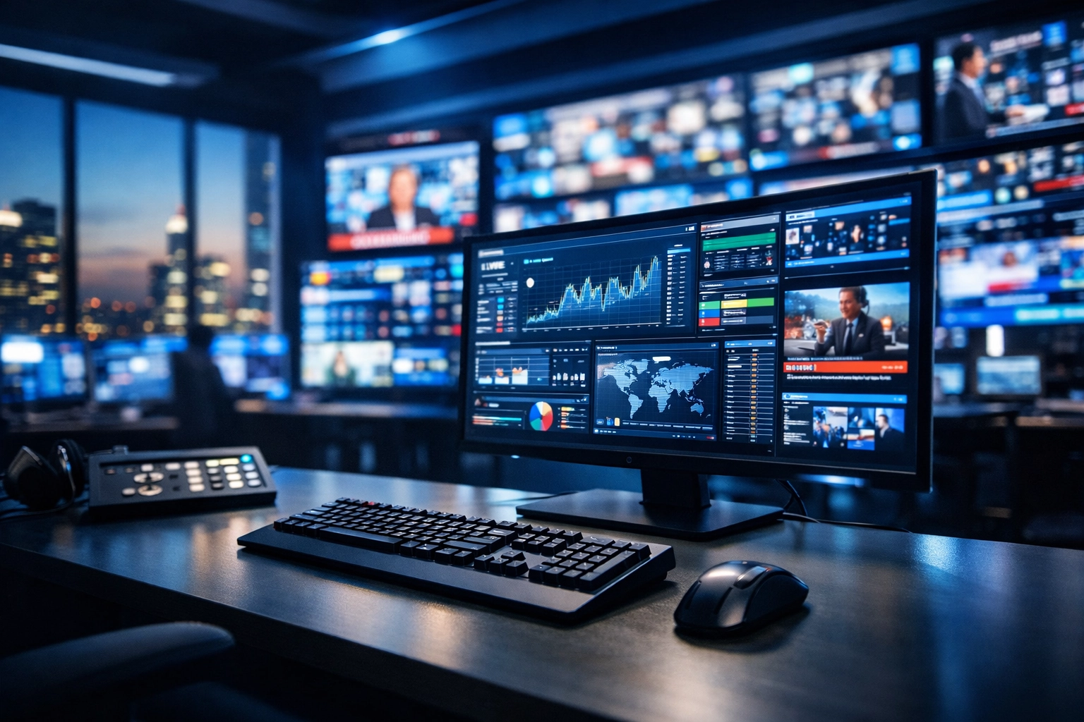 Modern newsroom command center with automated digital media monitoring and press release distribution systems