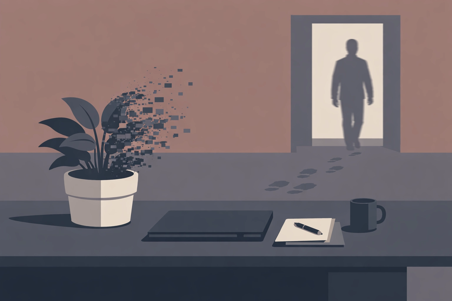 A desk with a decaying digital plant and a person leaving, illustrating workplace culture rot from vague OKRs.