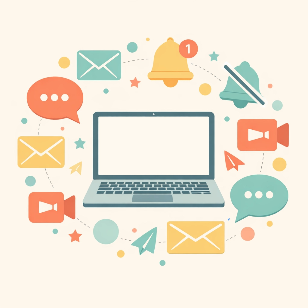 Laptop surrounded by digital communication icons representing hybrid work tools and notifications