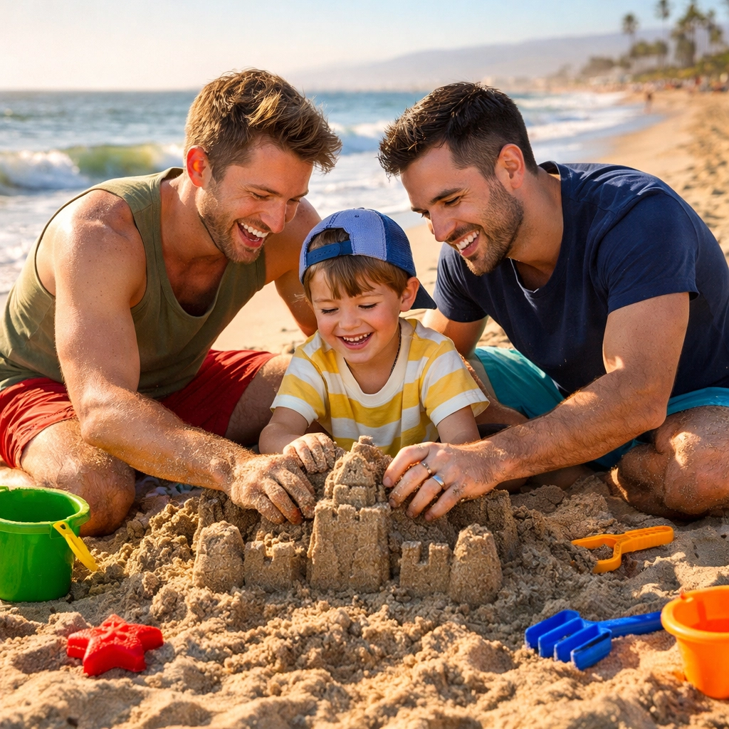 Zach, Shaun and Cody as found family on beach in LGBTQ+ romance Shelter