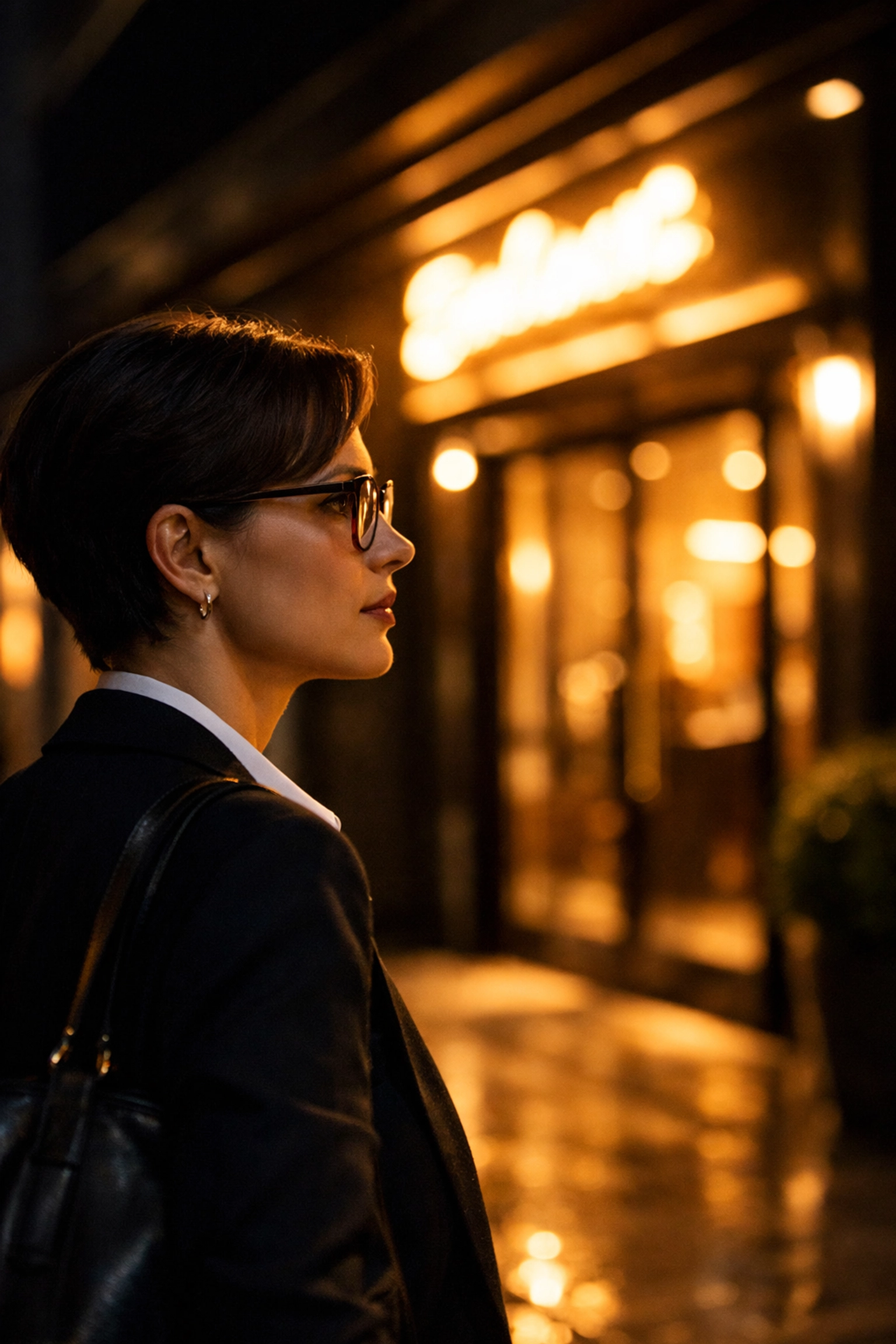 A professional customer drawn to an upscale business entrance illuminated by a warm halo-lit LED sign.