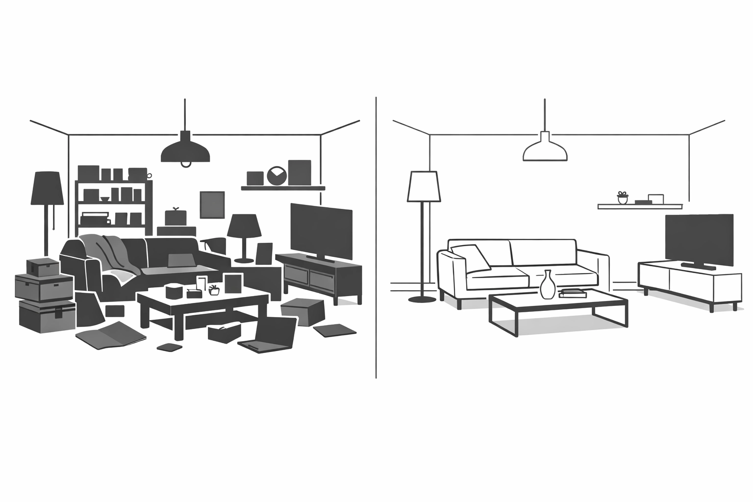 Before and after home staging comparison showing cluttered vs professionally staged Portland living room