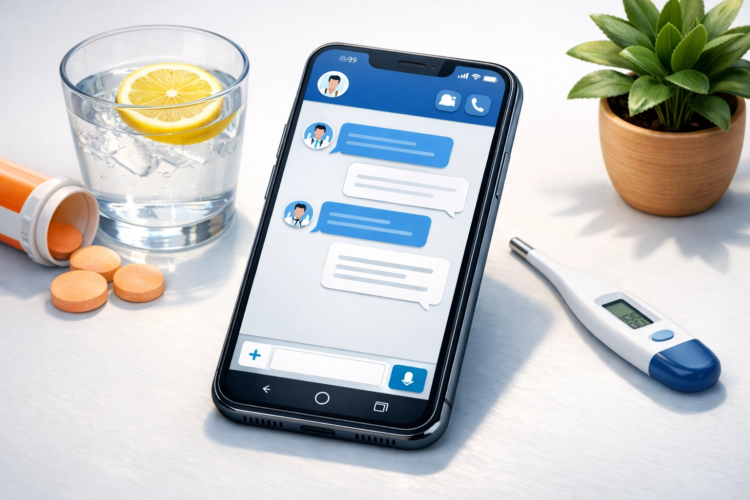 Secure medical messaging on smartphone for cold and flu treatment with home remedies nearby