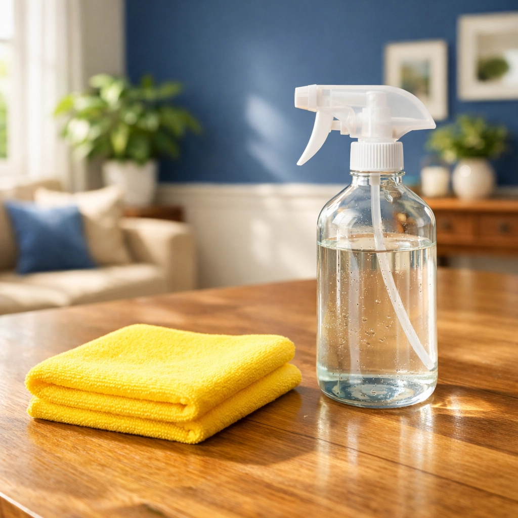 Eco-friendly deep cleaning services in a Massachusetts home using non-toxic supplies on a dining table.