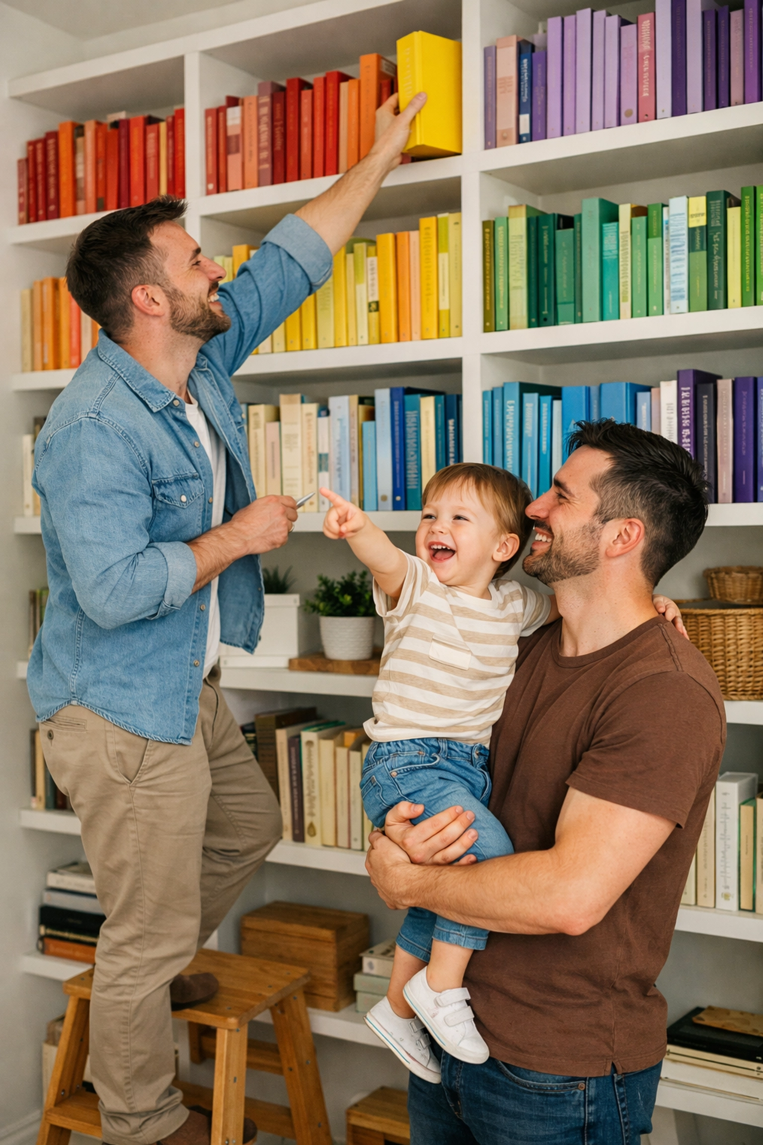 Two gay fathers and their toddler selecting children's books from a rainbow-colored library.