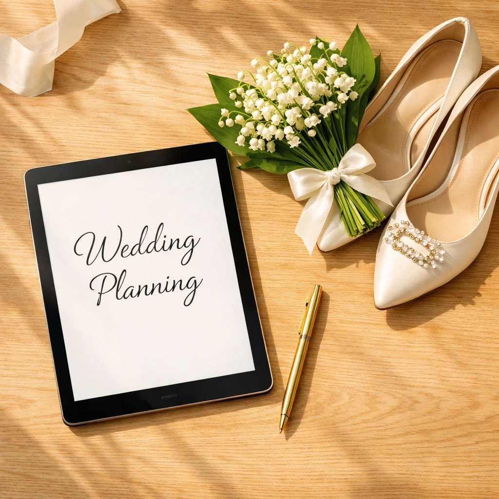 Wedding planning essentials like a digital tablet and bridal shoes for a smart, debt-free wedding strategy.