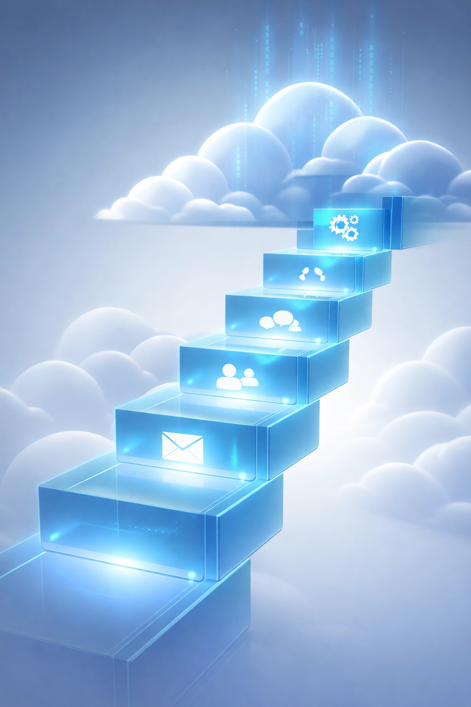 Phased cloud migration steps showing progressive journey from email to core systems