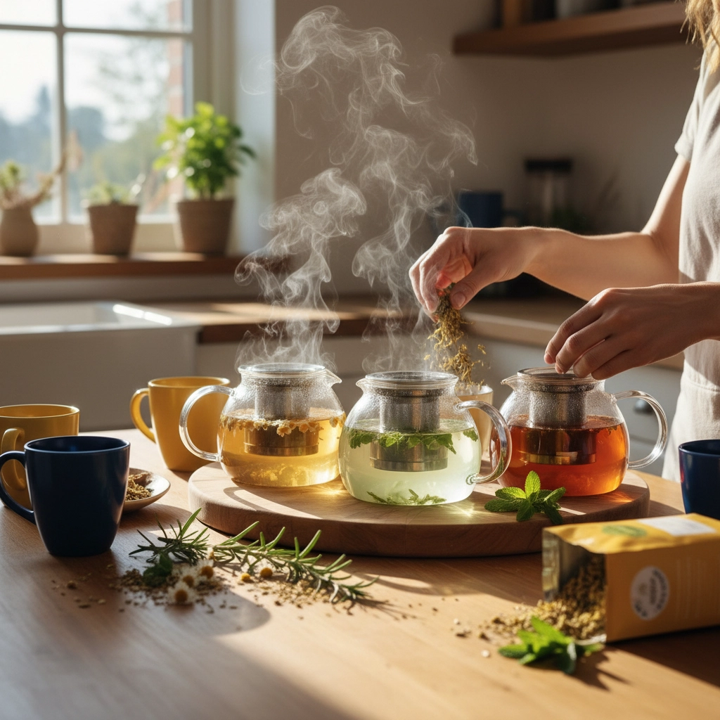 A woman making herbal tea in her kitchen