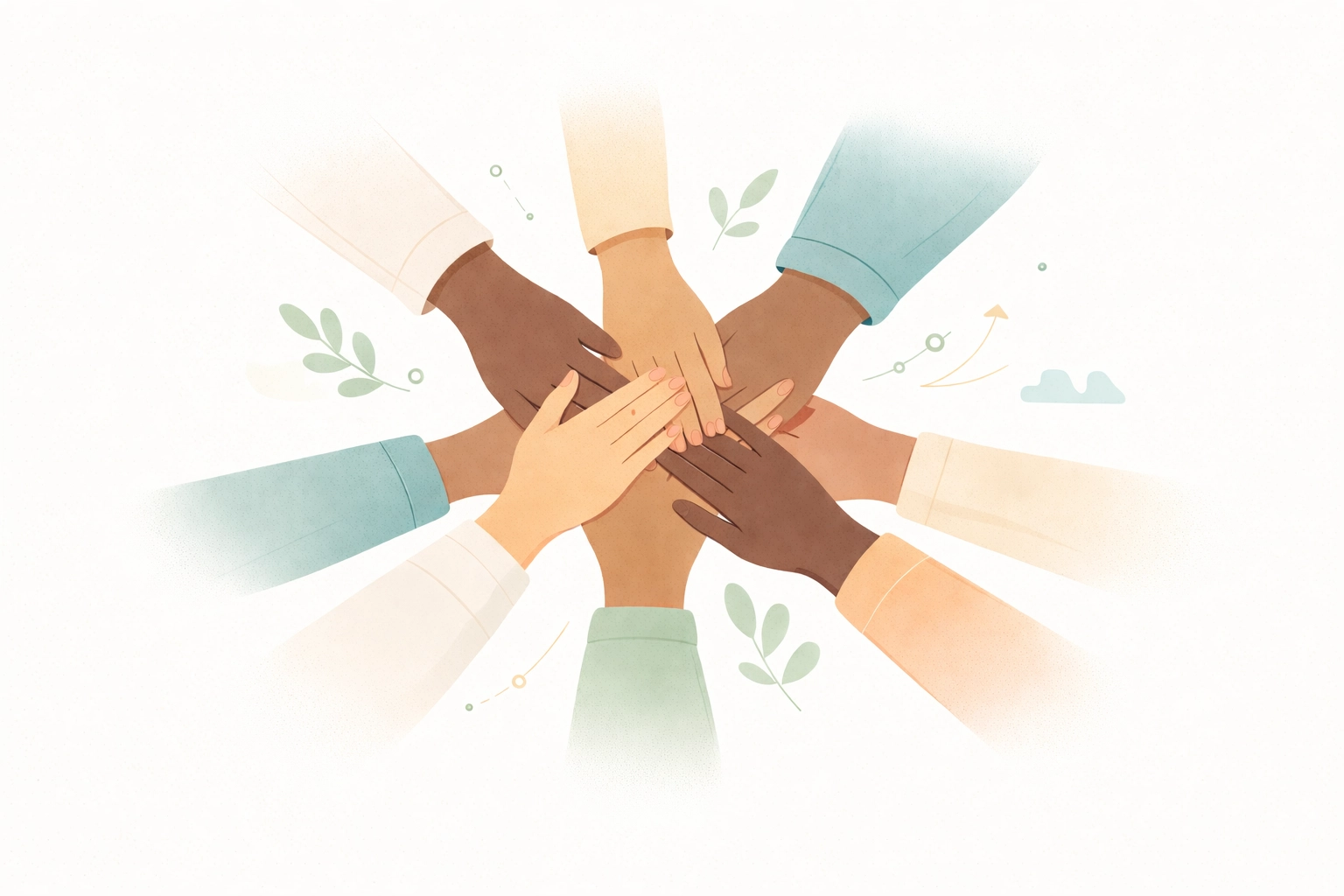 Minimalist illustration of diverse hands forming a supportive circle, representing web partnership and collaboration.