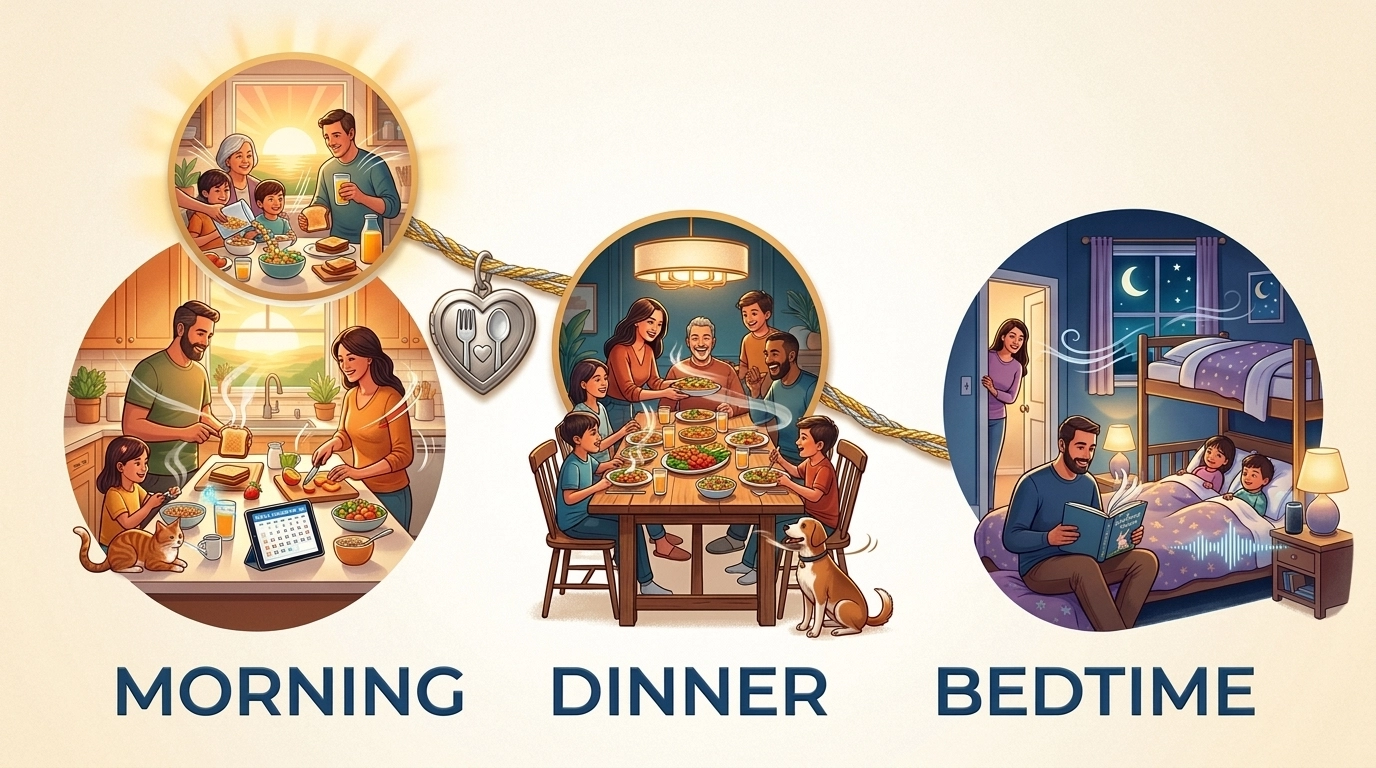 Hero Image: A vibrant, high-fidelity, dynamic illustration of a systematic daily family routine