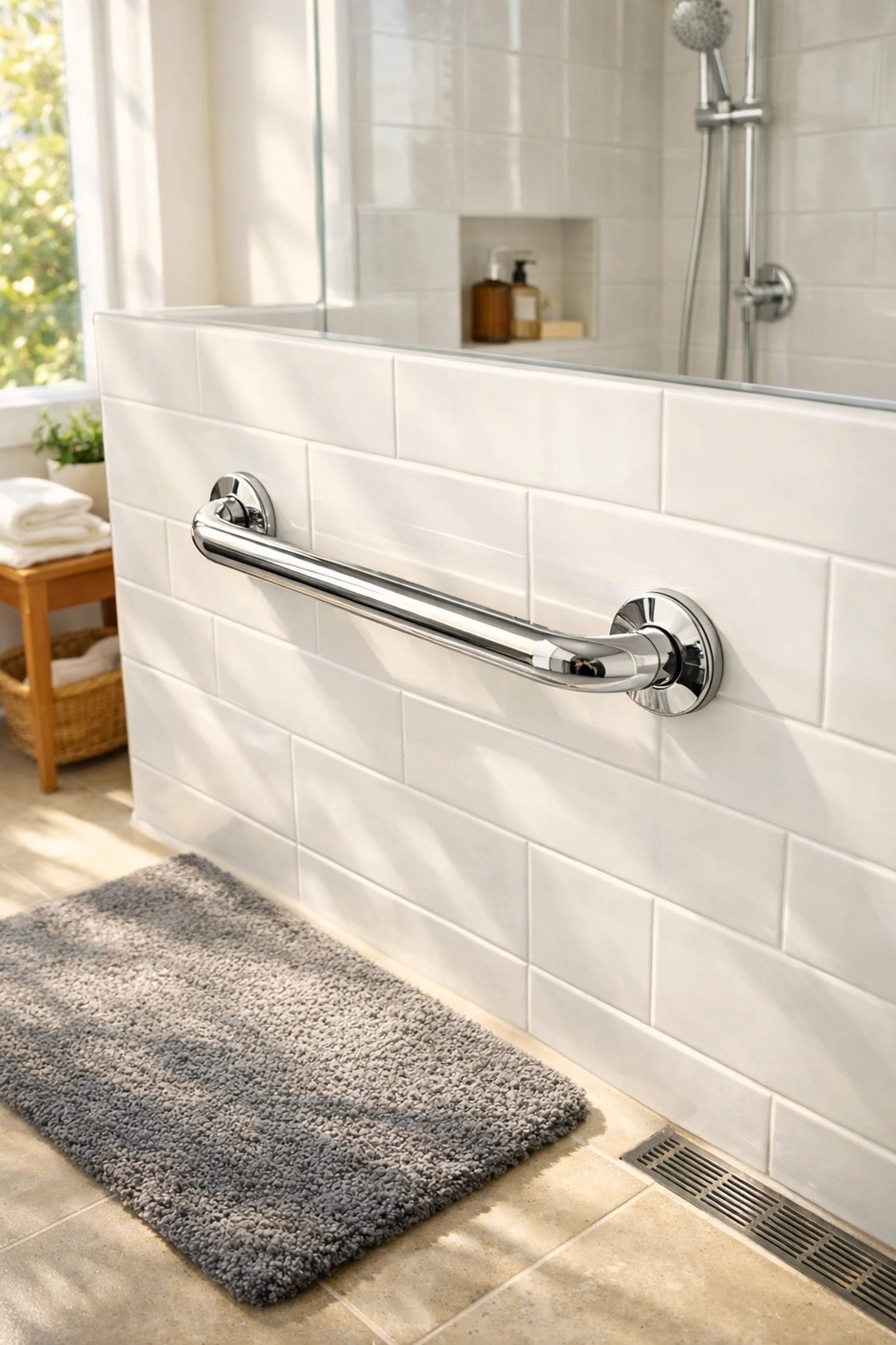 Modern bathroom featuring a chrome grab bar and non-slip bath mat to improve senior home safety.