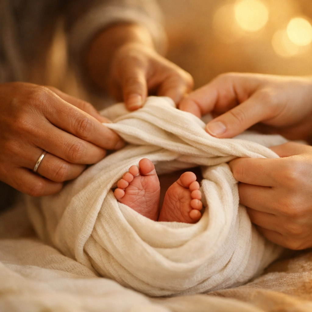 An Atlanta postpartum doula teaching a new mother how to safely swaddle her newborn baby at home.