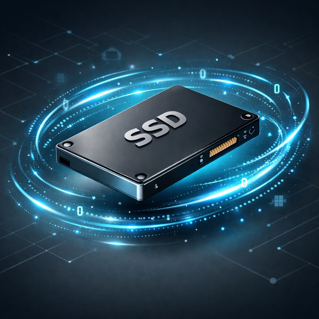 Digital graphic of a high-speed SSD drive with glowing data trails representing a laptop performance upgrade.