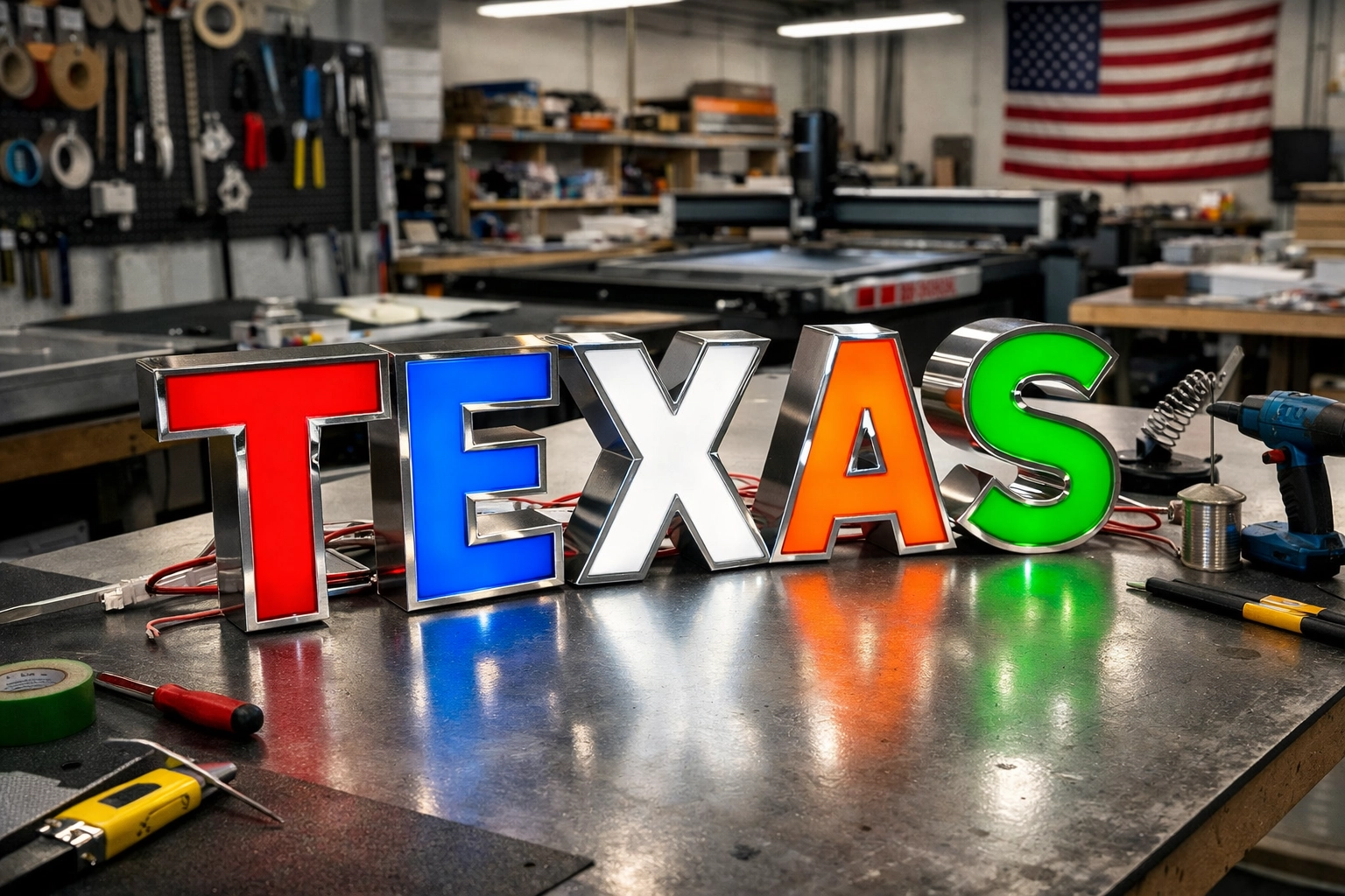 Custom LED channel letters being manufactured in a professional Texas signage workshop.