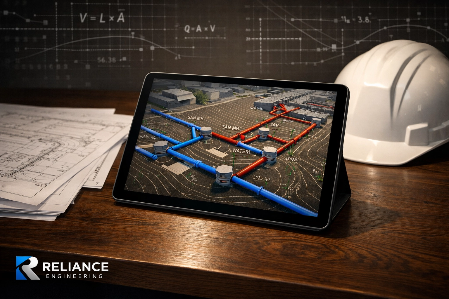 Digital site servicing model and engineering blueprints for an Ontario multi-unit development project.