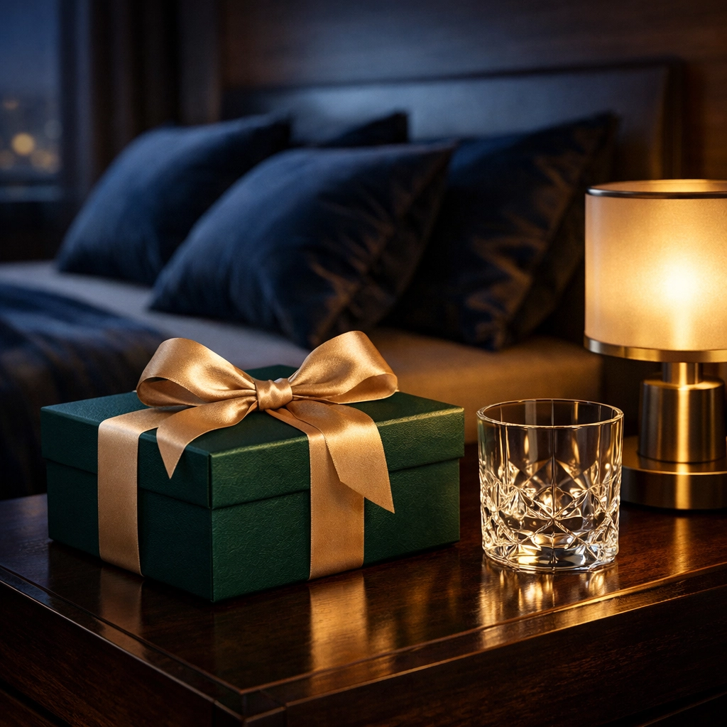Elegant wrapped gift box on a nightstand, perfect for finding the ideal first night gift for her.