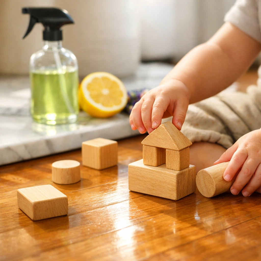 Toddler playing safely on a clean floor, part of a non-toxic and holistic wellness for women approach.