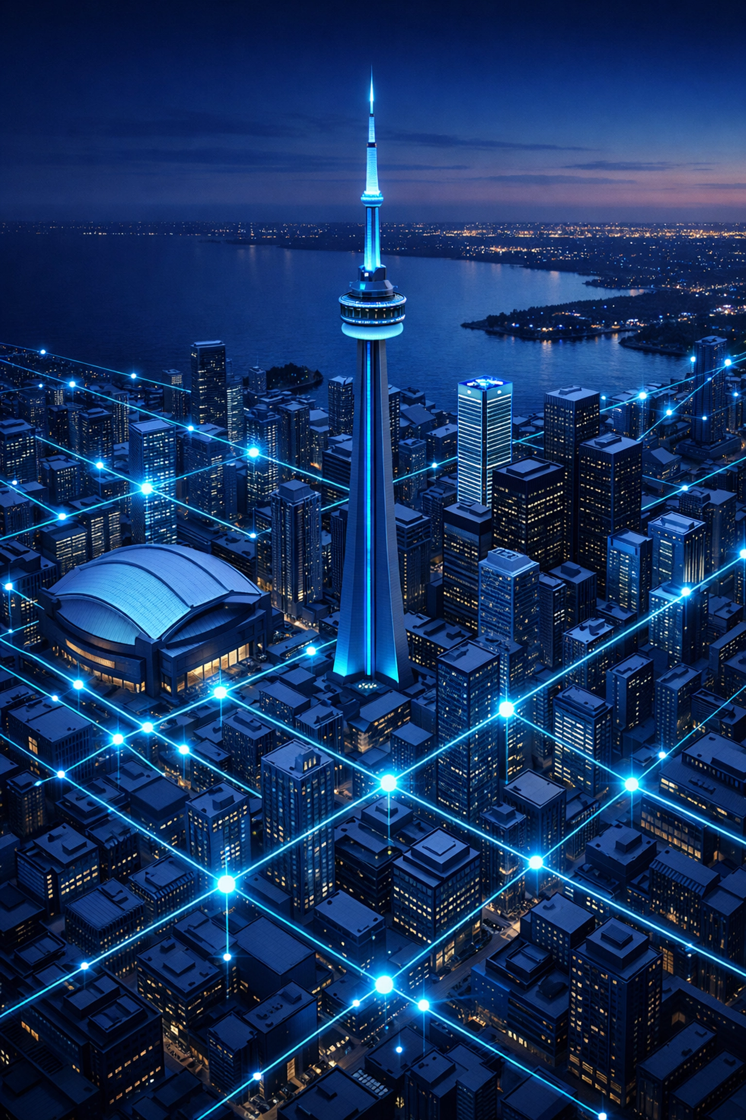 Digital network connecting business data across Toronto skyline representing NAP consistency.