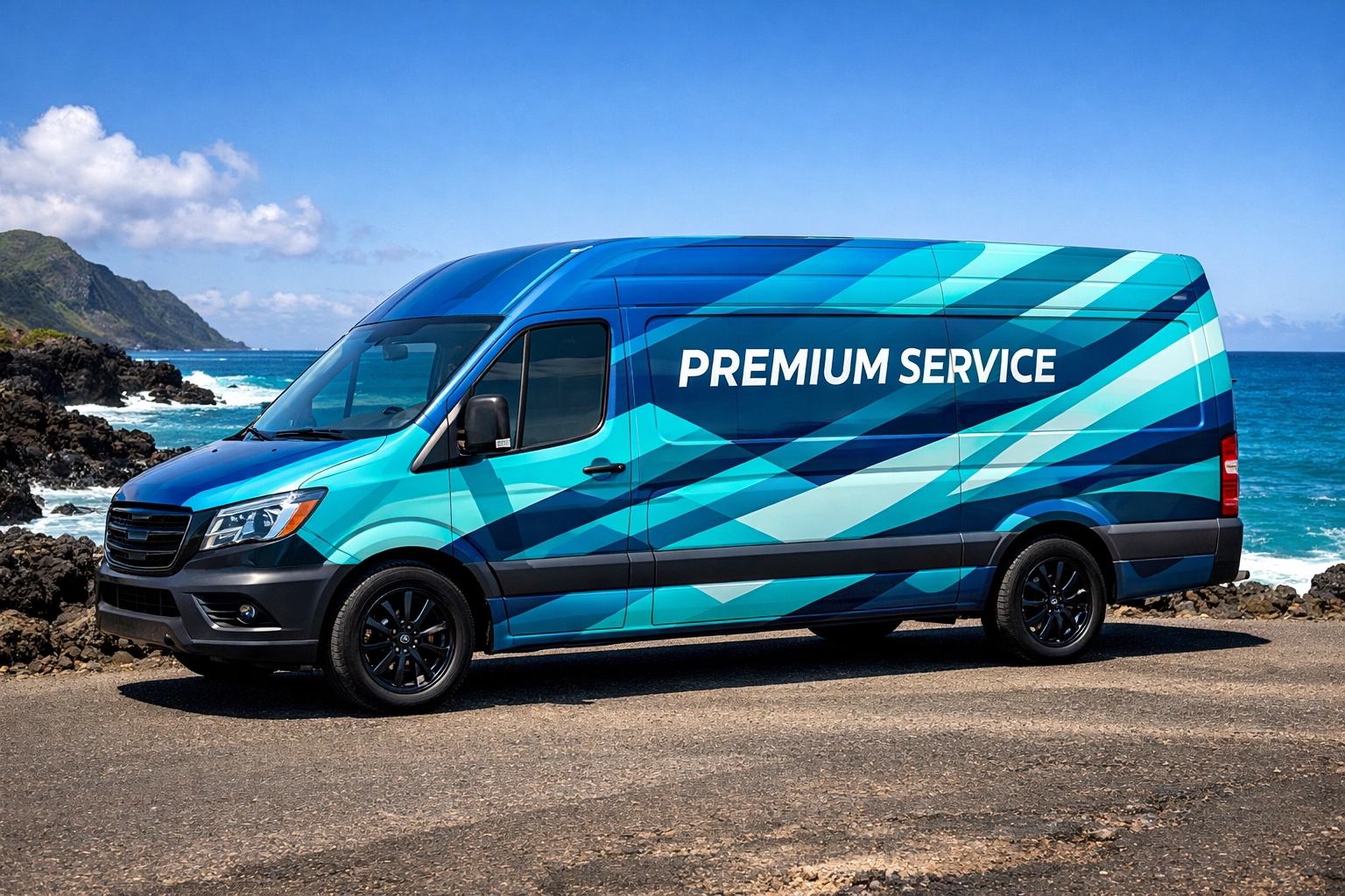 Professional vehicle wrap on a service van parked along a scenic Big Island coastal road.