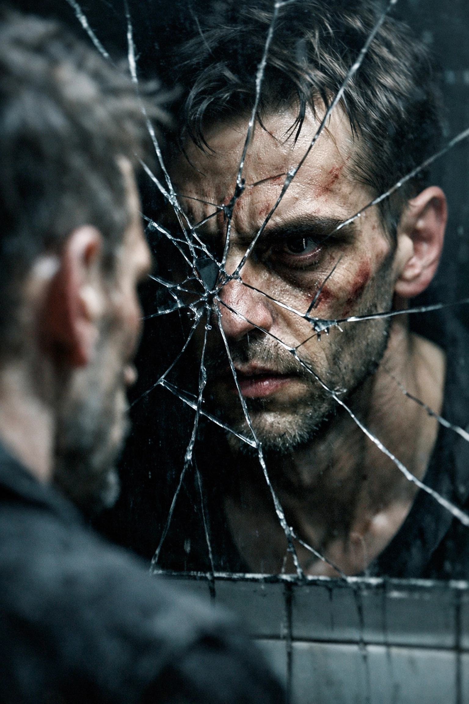 A gay man's reflection in a cracked mirror, showing the physical toll explored in realistic gay fiction.