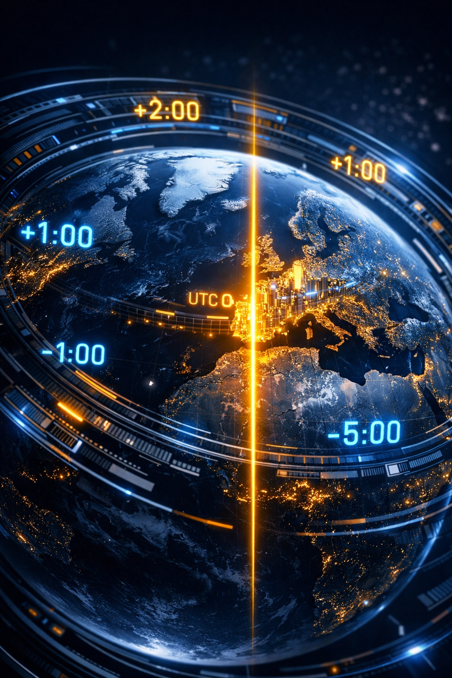 Global map highlighting London’s Prime Meridian and UTC time zone offsets for international meeting scheduling.