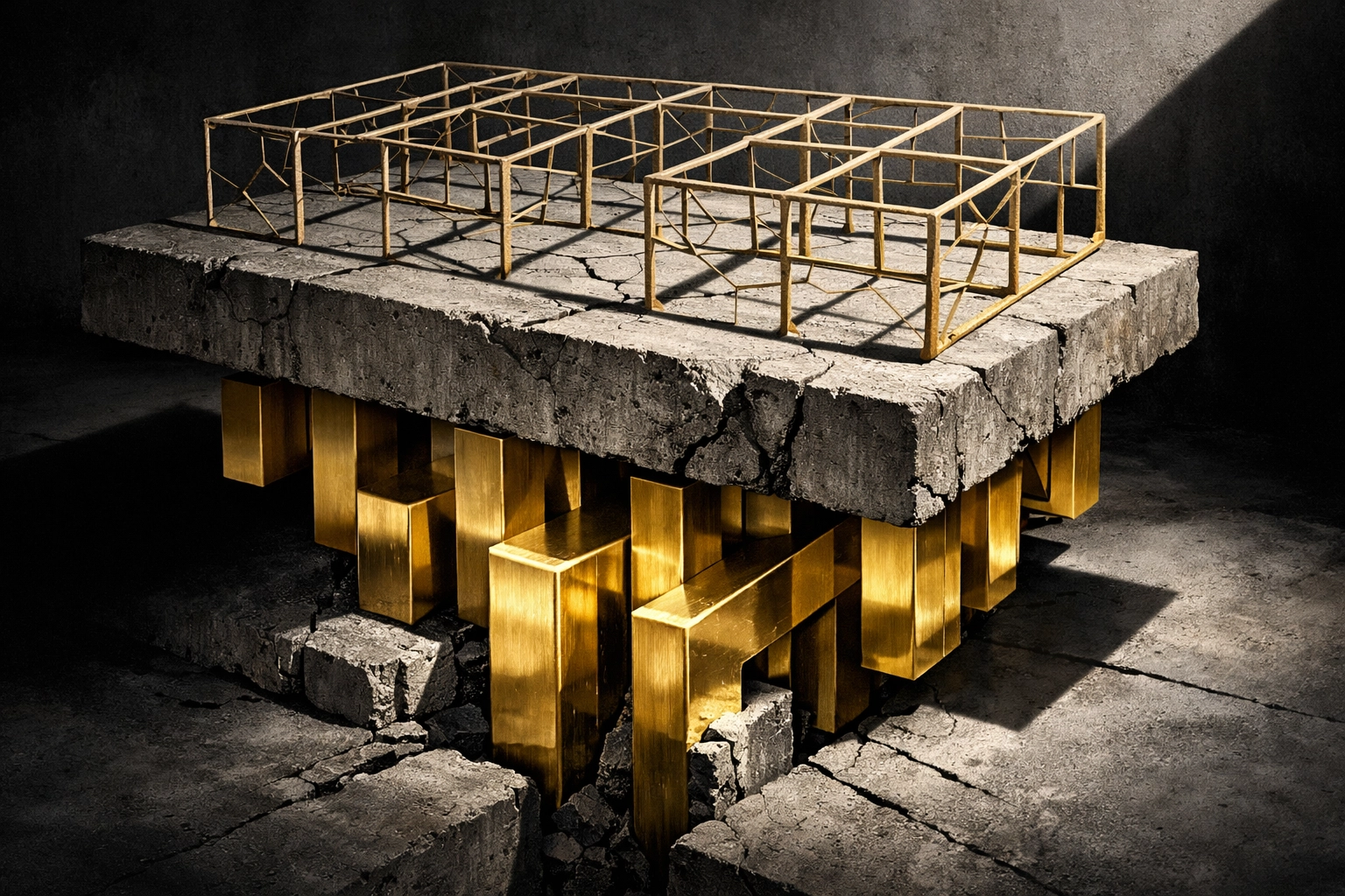 Brutalist Gold & Shadow visual of a fragile templated structure cracking above a polished gold foundation embedded in raw concrete.