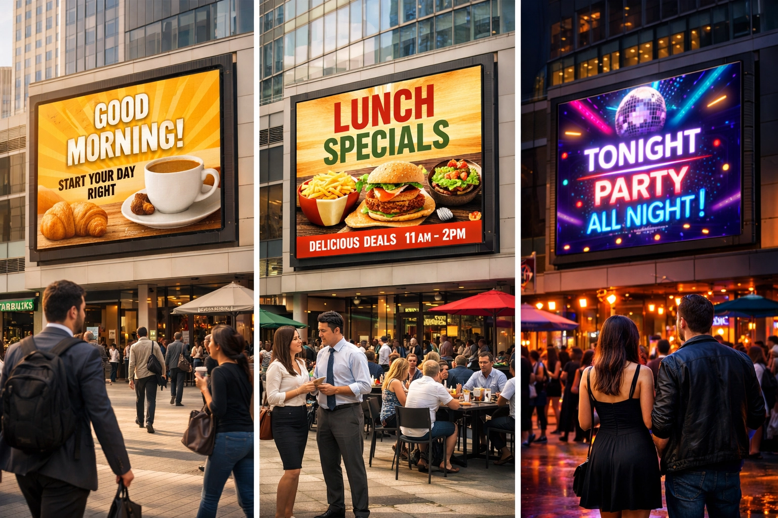DOOH billboard showing different ad creative at morning, afternoon, and evening