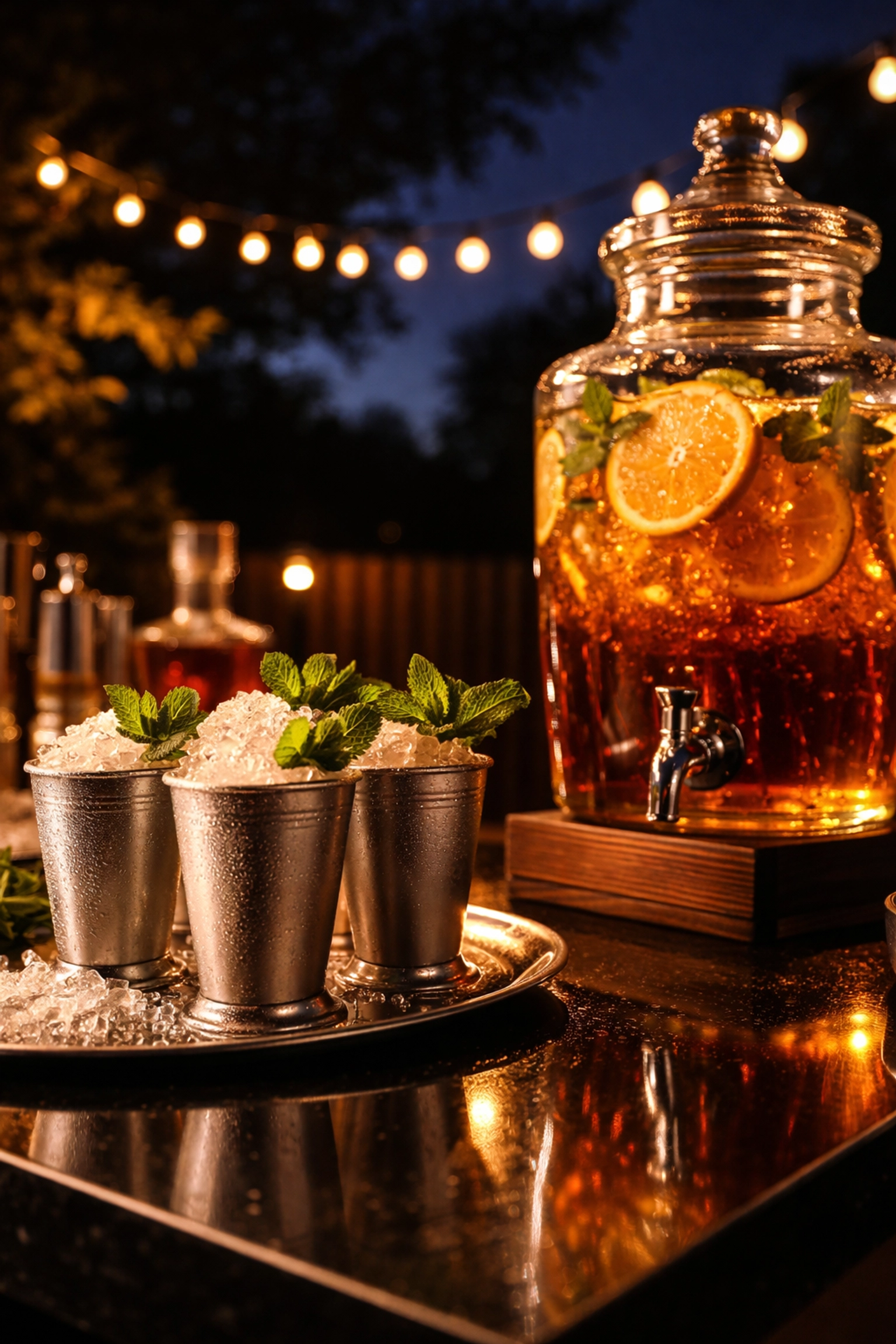 Outdoor bar station at night with mint juleps, bourbon punch, fresh mint, and patio string lights for a garden party