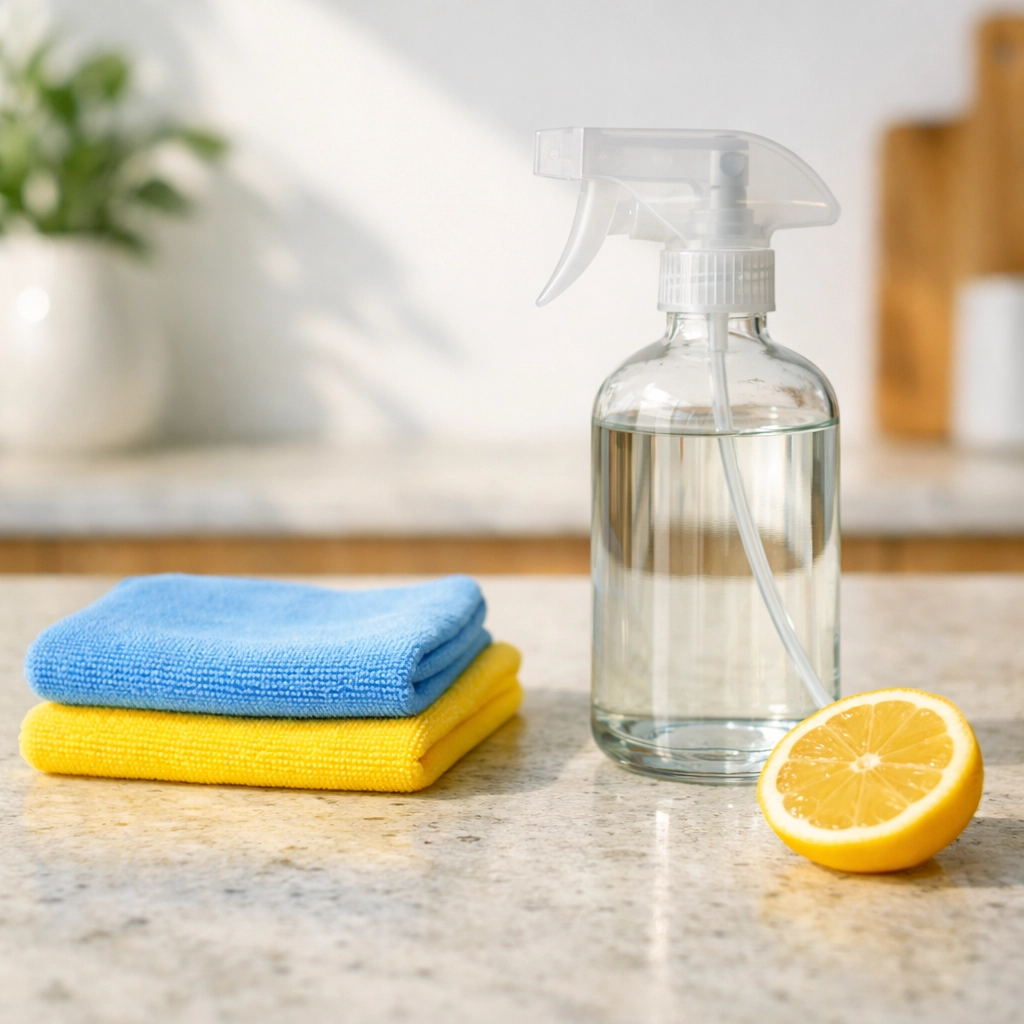 Eco-friendly cleaning tools and lemon on a stone island for move-out cleaning Central Square.