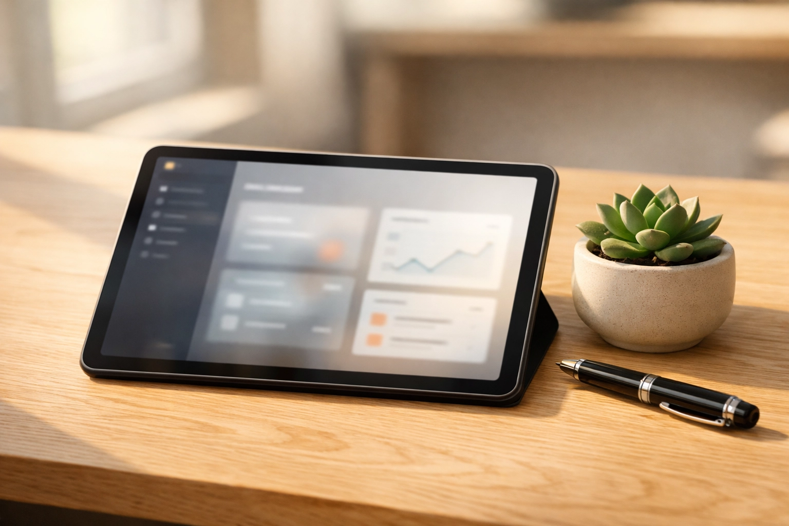 A tablet displaying a property management app on a clean desk, highlighting automated cleaning schedules.