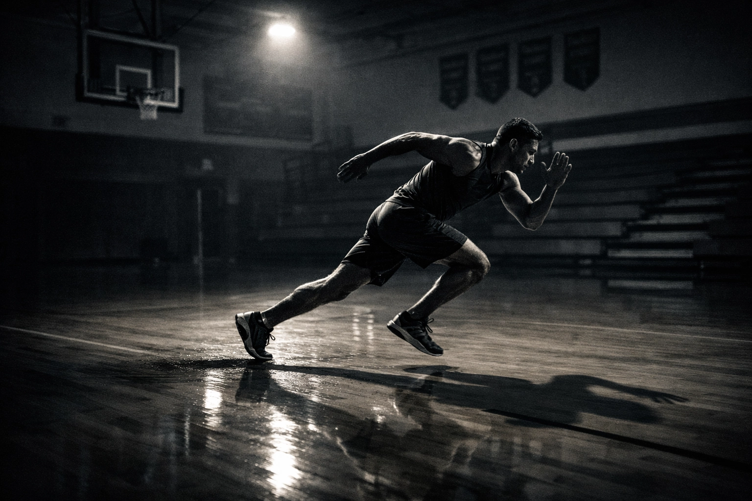Disciplined athlete performing late-night sprint training in a gym to prepare for high-stakes competition.