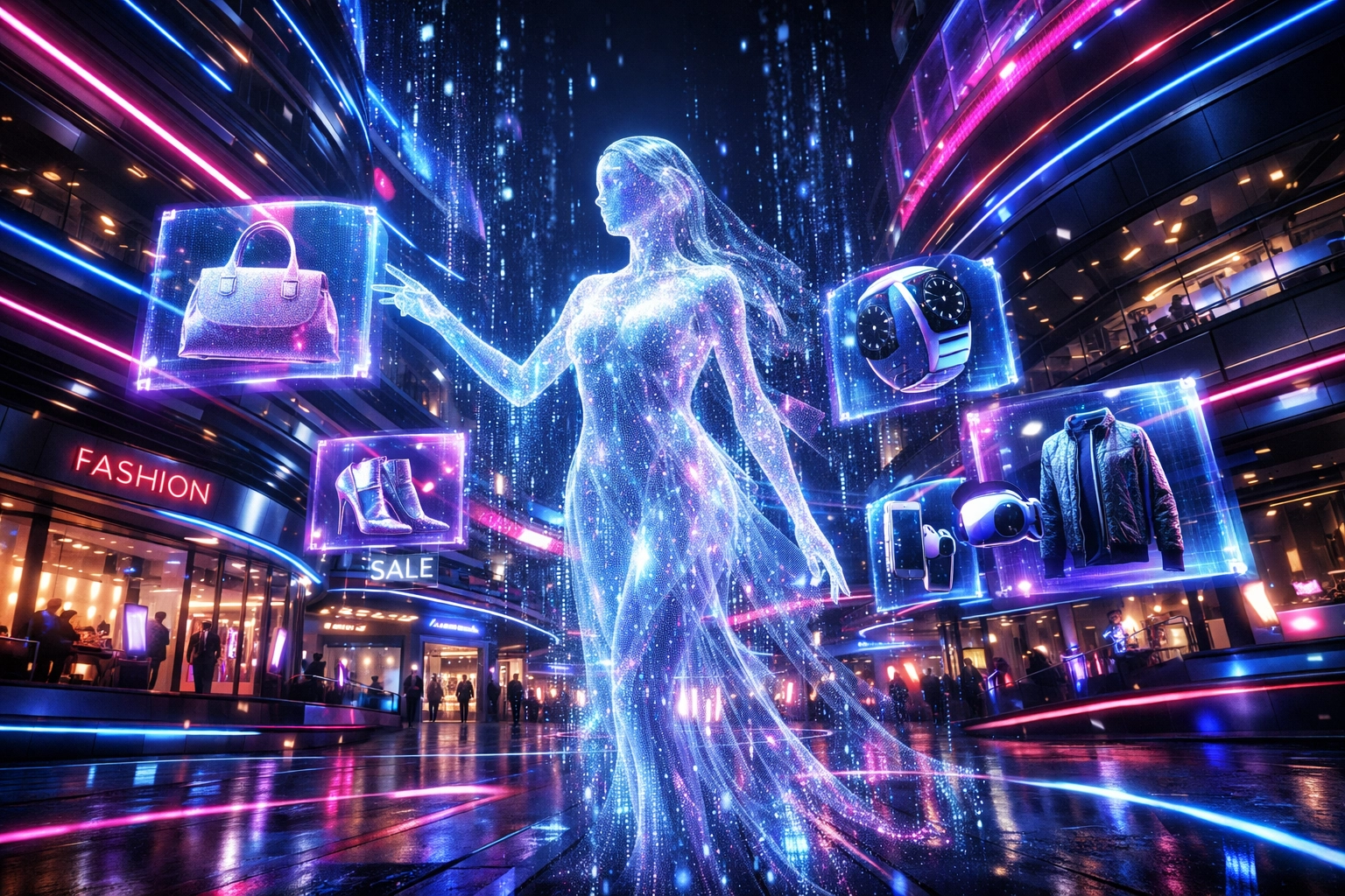 AI assistant browsing digital products in a futuristic metaverse marketplace using Larecoin payments.