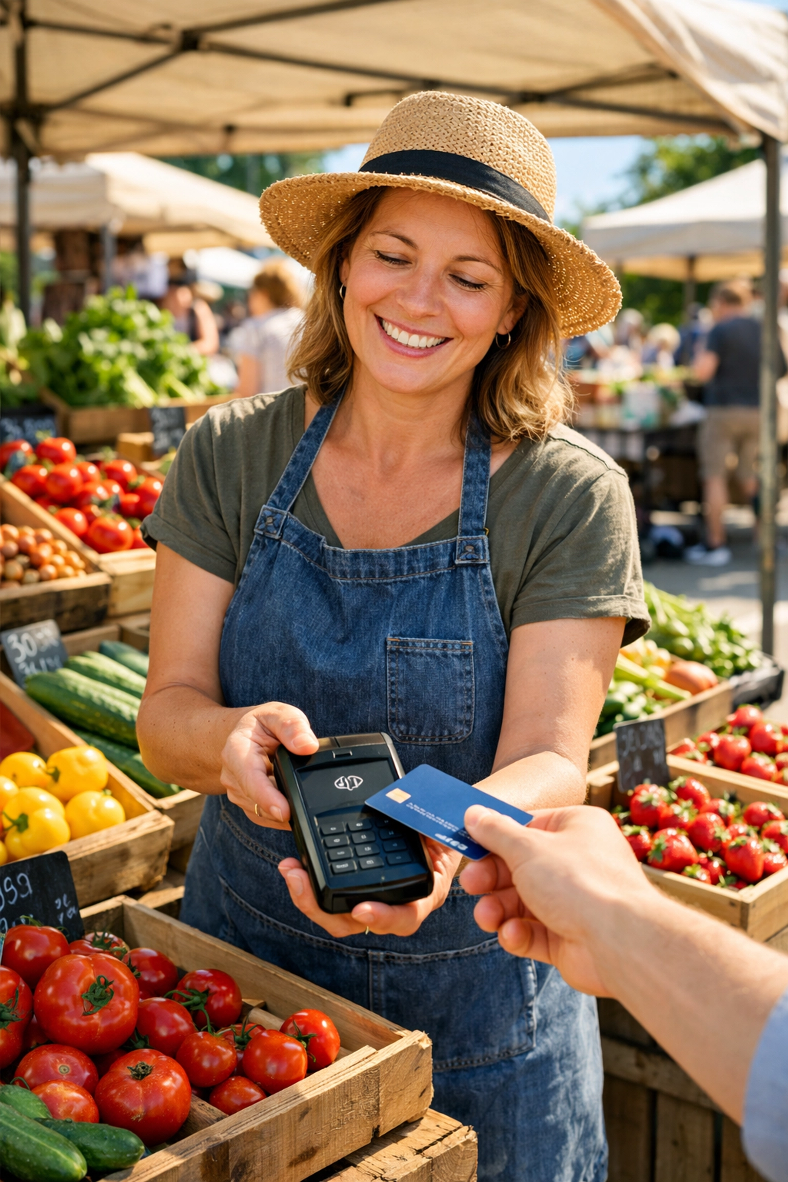 Small business owner using SumUp mobile card reader at market stall