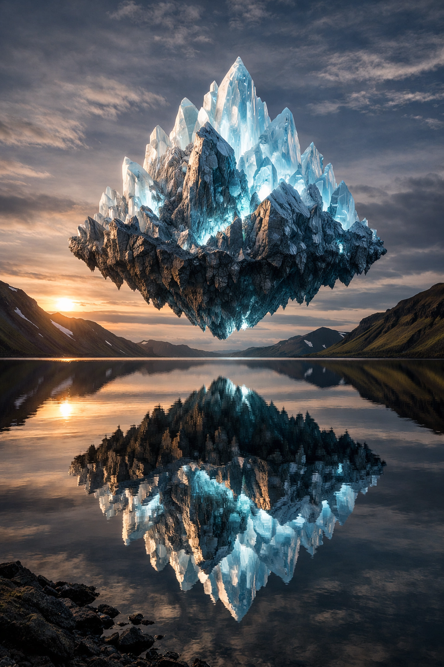 Surreal landscape with a floating mountain, highlighting artistic shifts in AI-powered photography news.